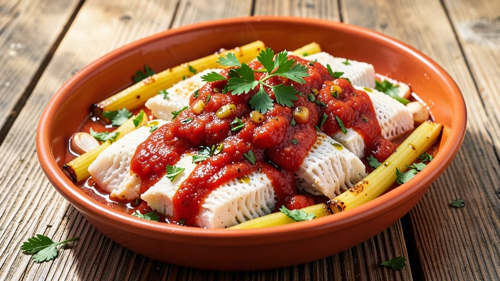 Baccala in Tomato Sauce Recipe: Slow-Simmered Salt Cod With Celery Crown Crunch